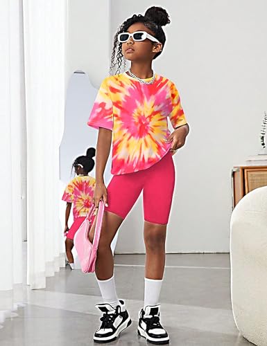 Image of Teen Girls Clothes 2 Piece Colored Tie Dyer Girls Summer Outfits Short Sleeve Fashion Printed T-Shirt and Pants