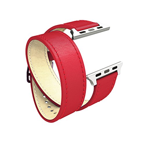 Wearlizer Genuine Leather Watch Band Replacement Strap w/ Metal Clasp for Apple Watch Series 1 2 all Models Double Tour Design - 38mm Red