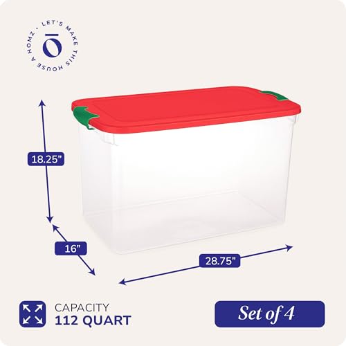 HOMZ 4-Pack Holiday Tote, Clear Plastic Storage Bins w/Lids & Dividers, 112 Quart, Red - Stackable Organizing Containers for Christmas Ornament Decorations, Gift Wraps, and Crafts - Image 4