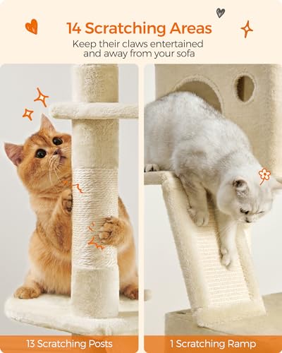 Image of Feandrea Cat Tree, 81.1-Inch Large Cat Tower, Multi-Level Plush Condo with 13 Scratching Posts, 2 Perches, 2 Caves, Basket, Hammock, Pompoms, Beige UPCT190M01
