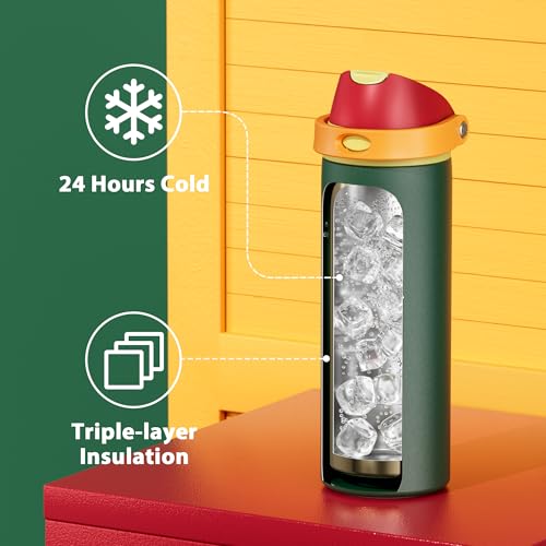 Image of 24 oz Insulated Water Bottle with Straw: Meoky Stainless Steel Metal Water Bottle with 2-in-1 Lid - Leak Proof, Cold for 24 Hours, Protective Silicone Base, BPA-Free for Sports Travel Car, Evergreen