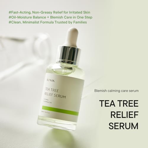 Image of IUNIK Tea Tree Relief Serum - Tea Tree & Centella Asiatica Lightweight Vegan Ampoule for Soothing, Calming & Oil Balance, Korean Skincare for Acne-Prone Skin, 50ml / 1.69 fl oz