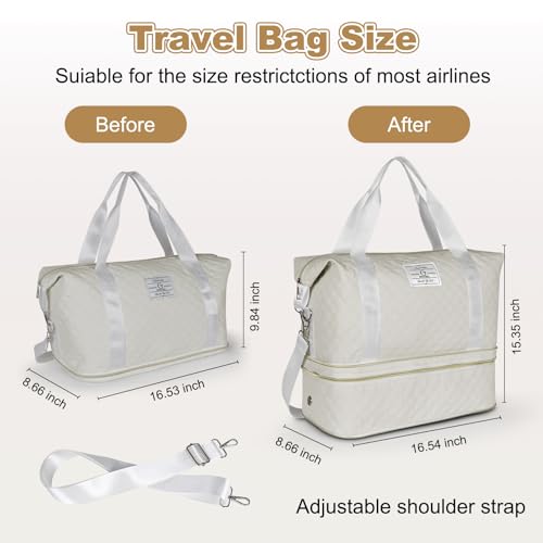 Geestock Travel Duffle Bag for Women Men, Expandable Weekender Overnight Bags with Shoes Compartment, Lightweight Carry on Personal Item Duffle Gym Bag for Travel, Airplanes, Sports (Off-White)2