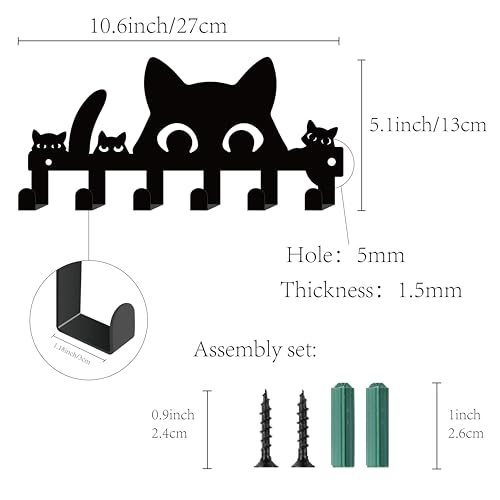 CREATCABIN Black Cat Key Holder for Wall Mounted Key Hook Metal Key Hanger Holder with 6 Hooks Metal Key Hanging Organizer Rack Wall Decor Hook for Entryway Front Door Hallway Office 10.6x5Inch - Image 2