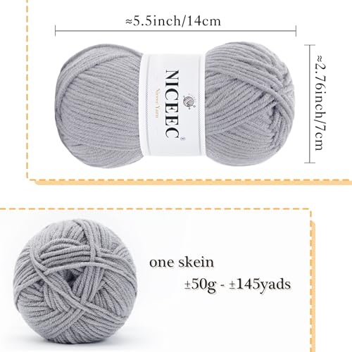 Image of NICEEC 300g Soft Assorted Colors Yarn - Sport Weight,100% Acrylic, 4 Ply, Bonbons Yarn for Crochet & Knit, DIY Project Starter Kit for Kids or Adults(Total 870yds) - Light Gray