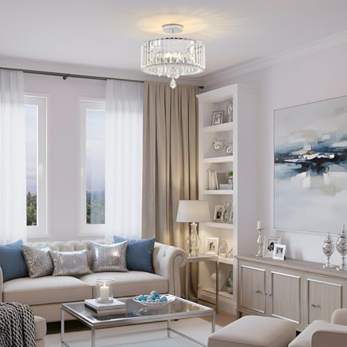 ANWIO Crystal Ceiling Lights,3-Light Modern Chandeliers Ceiling Lights Living Room,Round Semi Flush Mount Ceilings Light for Hallway,Bedroom,Kitchen,Bathroom,Dia 36.5cm,(E27 Base) - Image 6