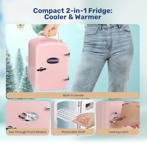 Image of HealSmart Mini Fridge Portable 4 Liter /6 Can with Observation Window, Cooler&Warmer Small Desk Compact Refrigerator for Skin Care, Cosmetics, Beverage, Food in Bedroom, Car, Office, Dorm, Pink