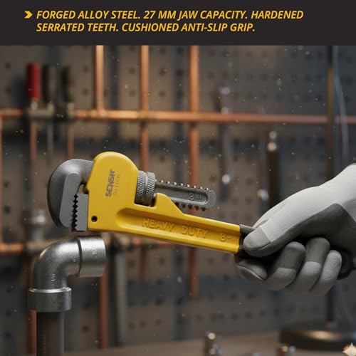 Image of Heavy Duty 8 In Pipe Wrench | Forged Carbon Steel With Cr-Mb Jaw | Precise Clamping Teeth Design For Strong Grip |TPR Soft Grip Handle | Max Pipe Size 1 inch, For Plumbing, Home and Professionals