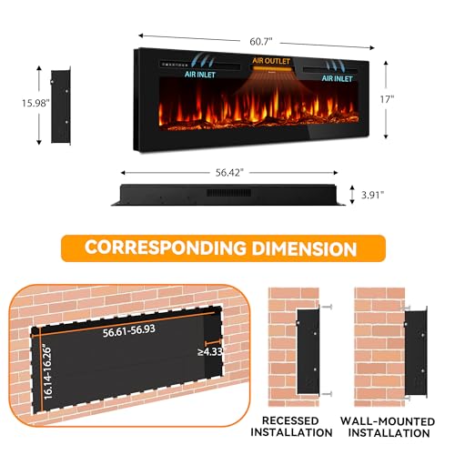 Image of Tehanld 60 inch Ultra-Thin Electric Fireplace Heater, Recessed Wall Mounted | 60-99F Thermostat, 0 /750 /1500W Fast Heating, Child Lock, 12H Timer, Realistic Flame, Log & Crystal for Living Room