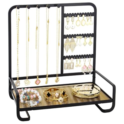 Image of SMILEDRIVE Premium Metal Jewelry Stand Organizer, Black | Sleek Tabletop Holder, For Necklaces, For Earrings, For Rings & Bracelets