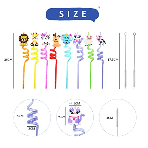 8pc Animal Image Party Spiral Knotted Curly Reusable Straws with 2 Straw Cleaning Brushes for Milk Juice, Cocktails, Bars - Image 2