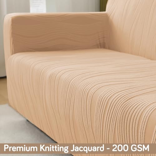Image of HOKIPO 200 GSM Premium Knitting Jacquard Fully Covered Stretchable Sofa Cover for 1 Seater, 'Nestiva Series' Blush Beige (AR-5307-BGE)