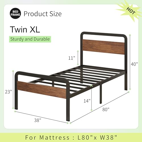 Image of Richwanone 14 Inch Twin XL Bed Frame with Wood Headboard and Footboard, Metal Platform Frame with Steel Slat Support, No Box Spring Needed, Easy Assembly, Black