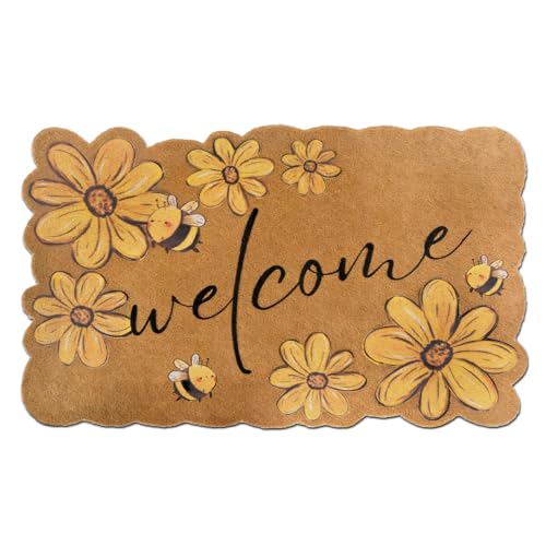 Summer Sunflower Coco Coir Welcome Doormat 17x30 Cute Floral Scalloped Spring Rugs for Floor Heavy Duty Non-Slip Door Mat Indoor Outdoor Decorative Entrance Mat for Front Door Porch Home Decor