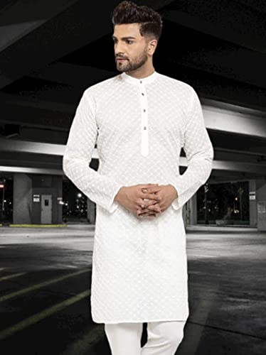 Men's Kurta White Lucknowi Chikankari Kurta Pajama Set Designer Outfit Ethnic Kurta Pajama BY CHAMAN TEXTILE MADE2