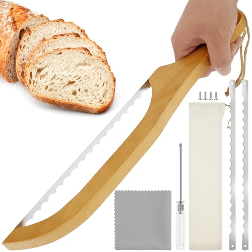 RVEFOT Bread Slicer Serrated,Wooden Bow Bread Knife for Homemade Bread, Stainless Steel Bread Bow Cutter Bagel Cutter with Spare Blades&Screws,Sourdough Bread Slicer Kitchen Gift