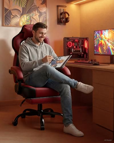Image of GTPLAYER Gaming Chair for Adults, Ergonomic High Back Chair with Footrest | Big & Tall Computer Video Gaming Chair, Comfort Wide Seat with Lumbar Support for Big /Tall, Office /Home, Leather, Wine Red