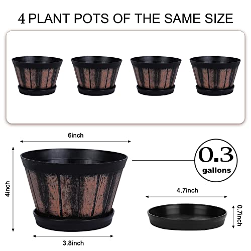 Image of Quarut 6 inch Brown Barrel Planters with Drainage Holes & Saucer, Set of 4, Indoor & Outdoor Garden Home Plants