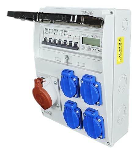 RoadEu - Coffret de Chantier, Distributeur mural. Prise CEE 16A et 4x 230V. Distributeur de courant avec compteur et disjoncteur. Tableau électrique avec indicateur de consommation d'énergie