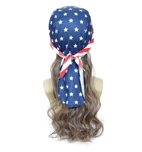 Image of Mullet Wig with American Flag Bandana, 80s Retro Curly Wig for Men & Women, Perfect for 4th of July, Halloween, 80s Themed Parties Cosplay (Light Brown)
