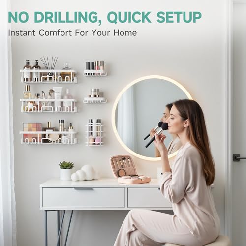 Image of Veken 6-Pack Rustproof&Waterproof Shower Caddy, Adhesive Shelves Rack with Soap Holder, Large Bathroom & Washroom Organizer, No Drilling Wall-Mounted Kitchen&Home Decor,Ideal for Bathtub Storage,White