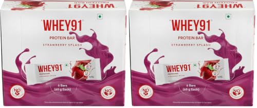 Image of Whey91 Strawberry Splash Protein Bar, 20g Protein & 7.2g Fiber in each, No Added Preservatives, No Artificial Flavour, 390g- (Pack of 12)