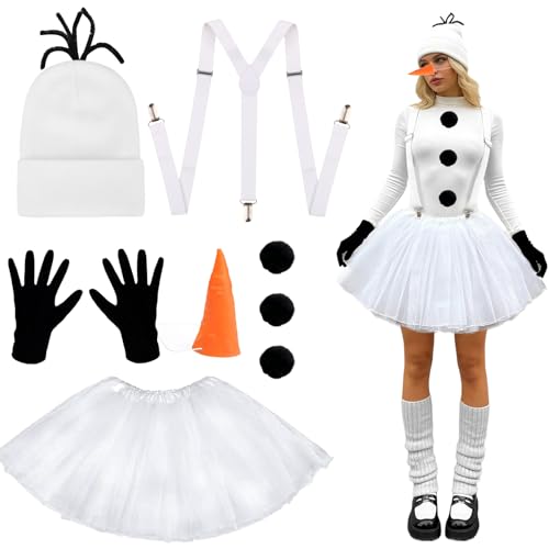 Schneemann Kostüm Schneemann Kostüm Damen mit Weiße Strickmütze Ballettröckchen Schwarze Handschuhe Karottennase Pompon-Broschen Hosenträger Cosplay Kostüm Erwachsene Weihnachten Halloween Karneval