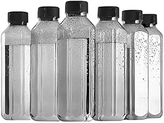 Plastic Water Bottles 6 Pack 1L Juice Bottles Reusable Smoothie Drink Bottles with Lids Fridge Door Storage Beverage Table Water Serving Bottles Screw Cap Outdoor Sports Gym (Black x 6 Bottles)