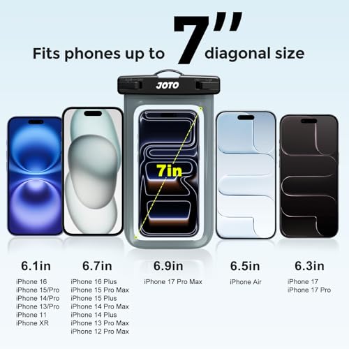 Image of JOTO Up to 7 inch Universal Waterproof Phone Case for iPhone 17 Air 16 15 14 13 12 11 Plus Pro Max, IPX8 Cellphone Dry Bag XR X SE, Galaxy S23 S22 S21 S20+ S20 S10 Plus Note, Pixel -Grey