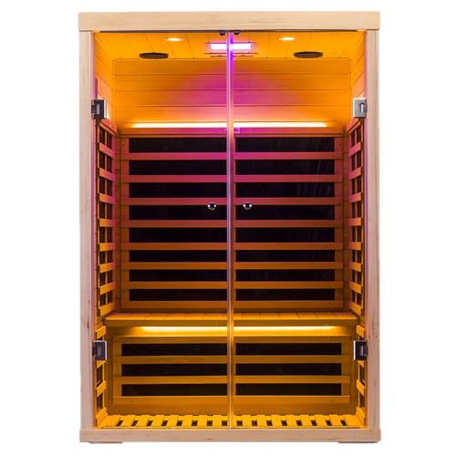 Smart App Control 2 Person Ultra Low EMF (＜5mG) Far Infrared Sauna for Home,1780W Hemlock Indoor Sauna Spa with Touch Panel, Insulation Cover, Bluetooth Speaker, Chromatherapy Light, Reading Light