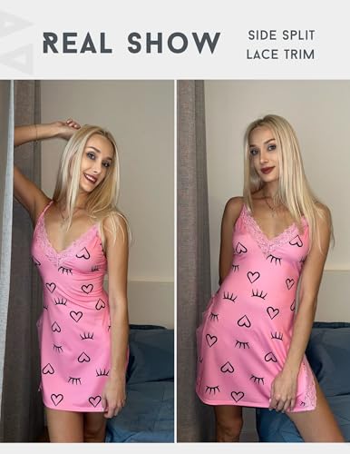Image of Avidlove Women's Lingerie Sexy Nightgown Milk Silk Sleepwear Lace Babydoll Chemise Side Slit Nightie with Thong