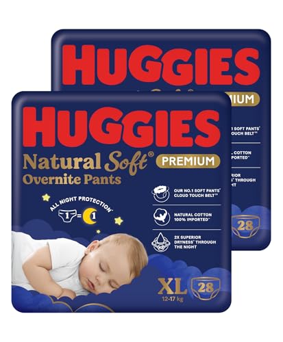 Image of Huggies Natural Soft Premium Overnight pants XL28 Combo | Premium Pant Style Baby Diapers Extra large Size (XL Size | 12-17 Kgs), 56 count| Keeps baby dry all night with cloud softness all over