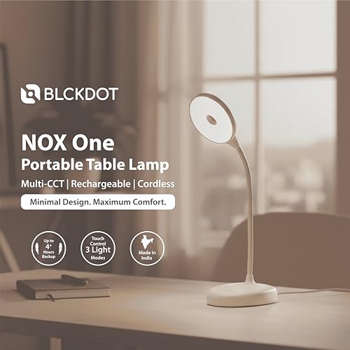Image of NOX One Rechargeable LED Table Lamp for Study & Work | 3 Color Modes | Touch Control, Flexible Neck, USB-C | Portable Cordless Desk Lamp for Bedside Reading (White)