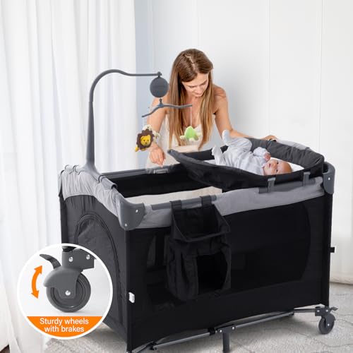Image of Soobaby 5 in 1 Baby Crib,Bedside Sleeper Bassinet,Pack and Play with Bassinet and Changing Table,Portable Travel Playpen Music Box,Portable Travel Crib for Infant Newborn (Black Gray)