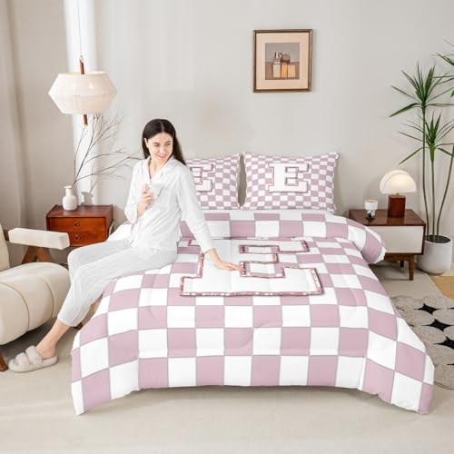 Image of Erosebridal Pink Initial E Comforter Set Queen Kawaii Plaid Checkered Bedding Set Cute Personalized Monogram Comforter for Kids Girls Teen Women,Fashion Grids Gingham Quilt Duvet