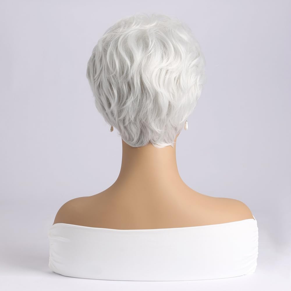 Short White Wig With Bangs for Women, Natural Looking Pixie Cut Costume Hair - Image 4