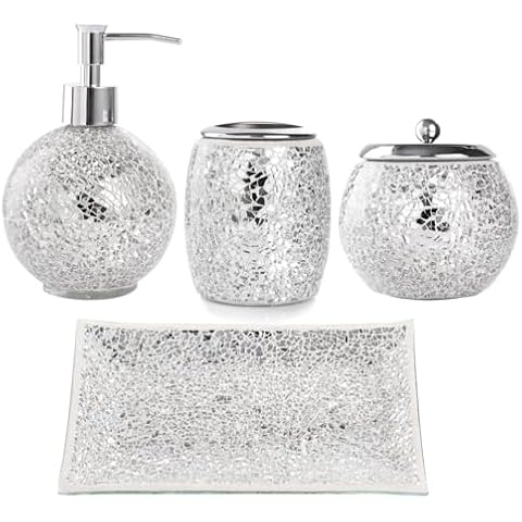 Premium Bathroom Accessory Set | 4-Piece Decorative Glass Bathroom Accessories Set | Soap Dispenser, Tray, Jar, Toothbrush Holder | Gift Idea | Elegant Silver Mosaic Glass (Silver) Cover