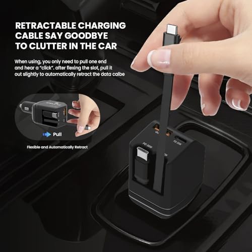 Image of Stellar Drive XC-11 4-in-1 Car Charger 90W, Built-in Retractable USB-C Cables, USB-C PD 30W + QC 3.0, Super Fast Charging, Compact Car Phone Charger iPhone Android Tablet GPS - Matte Black