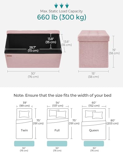 Image of SONGMICS Mazie Collection - 30 Inches Folding Storage Ottoman Bench, Ottoman Foot Rest, End of Bed Bench, Storage Chest, Load 660 lb, for Living Room, Bedroom, Entryway, Jelly Pink ULSF047R11