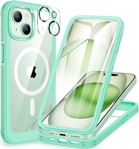CENHUFO Funda Magnética iPhone 15 Plus, Compatible con MagSafe, Integrado [9H HD] Cristal Templado Protector Pantalla y Protector cámara, 360 Grados Antigolpes Carcasa Capa Doble Cara Case - Verde