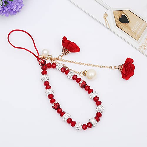 Fuqimanman2020 Red Cell Phone Straps Crystal Flower Lanyard Charms- Decoration Pendant Accessories for Women，Cute Wrist Chain String Hanging Cord for Camera Handbag/Car Key - Thumbnail 4