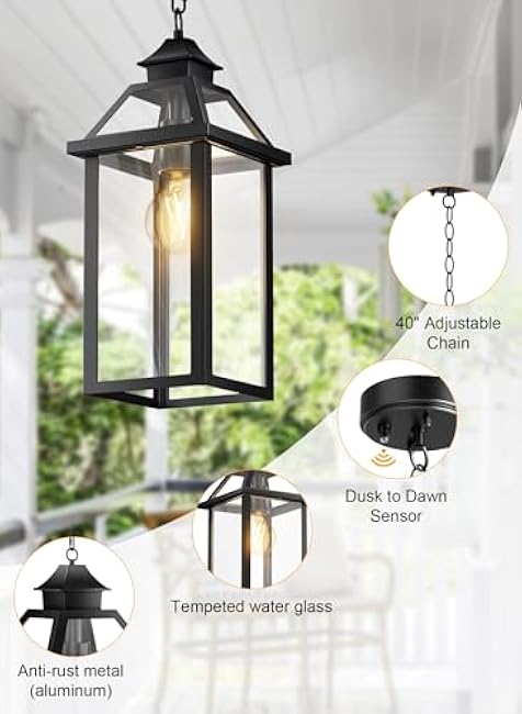 15 Outdoor Pendant Light, Dusk to Dawn Large Outside Chandelier Lantern, Modern Black Aluminum Exterior Hanging Light Fixture Ceiling Mount for Front Porch Indoor Entryway (Bulb Not Included)