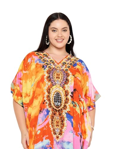 Image of Gypsie Blu Women Plus Size Kaftan Dress Beach Cover Up Maxi Dresses for Women, V-Neck Kimono Sleeve 1X-3X