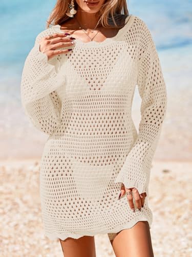 Womens Crochet Knit Swimsuit Coverup Mini Dress Summer 2025 Boat Neck Wavy Trim Beach Bathing Suit Cover Up2