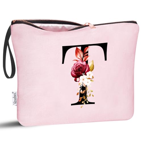 Image of Vavabox A-Z Personalized Makeup Bag, Birthday Gifts for Women Mom, Gifts for Best Friend, Bride Bridesmaid Cosmetic bag (T, Pink)