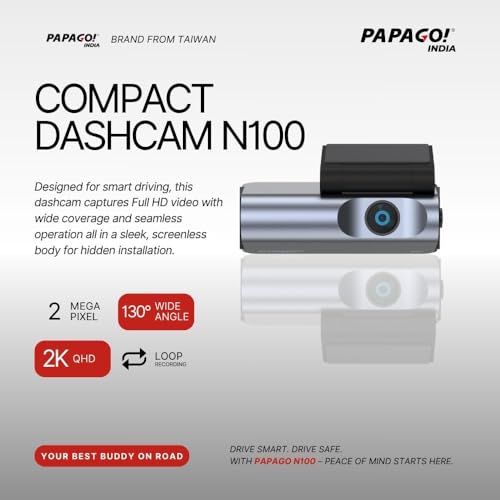 Image of PAPAGO N100 Car Dashcam Full HD 1080P | 130 Wide Angle | Compact Screenless Design | Dual Power (5V /12V) | Loop Recording | G-Sensor | Wi-Fi | 128GB Support | Silver