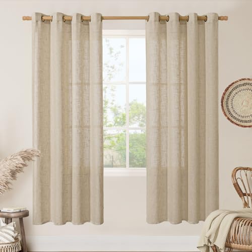 Image of LAMIT 78 Inch Length Brown Linen Curtains for Living Room, Semi Sheer Light Filtering Boho Panels Bronze Grommet Burlap Window Drapes for Bedroom /Farmhouse, Set of 2, 52 x 78 Inch