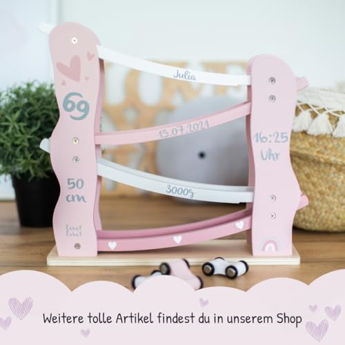 KIDSLINO Kugelbahn inkl. Autos rosa - personalisierbar I Geschenk zur Geburt & Taufe I Handmade Holzspielzeug Ab 18 Monaten I Personalisierte Geschenke Baby I Rennbahn mit Name & Geburtsdaten