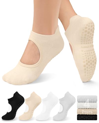 Image of yeuG Pilates Socks for Women Non Slip Grip Socks for Yoga, Barre, Hospital, Barefoot Grippy Yoga Sock Womens Gifts 4 Pairs