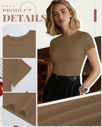 Image of Evervibe Women Built-in Bra Short Sleeve Shirts Crewneck T-Shirt Slim Fit Going Out Tops Casual Summer Basic Tees